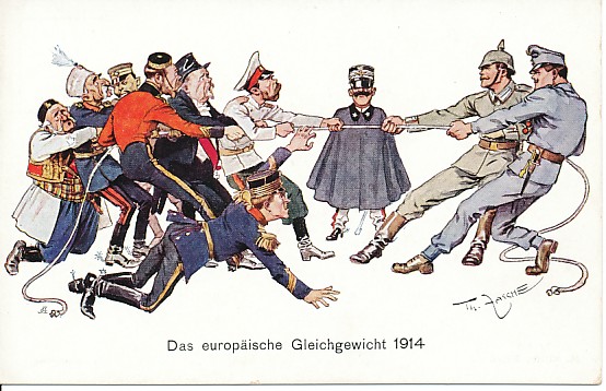 To the left, caricatures of a fallen King Albert of Belgium, Tsar Nicholas of Russia, President Poincare of France, generic (?) caricatures of an English man and a Japanese soldier, Kings Peter of Serbia, and Nikola of Montenegro engaging in a tug of war, the rope being held on the right by a German (in gray) and an Austro-Hungarian soldier. Between the teams and behind the rope stands the diminutive caped figure of King Victor Emmanuel of Italy, all hat, mustache, and chin.